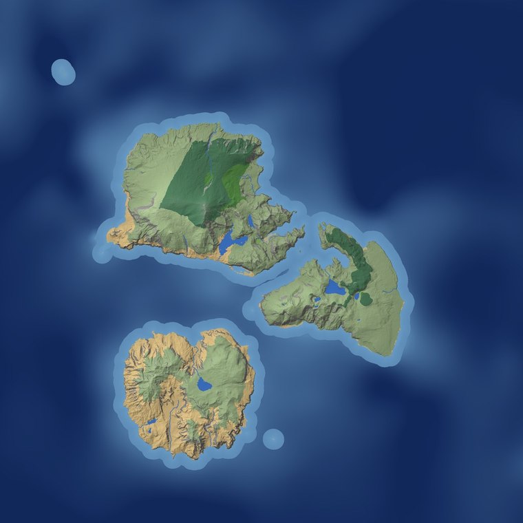 群岛：数座岛屿分散在海域中，各自有独立的山脊与水系